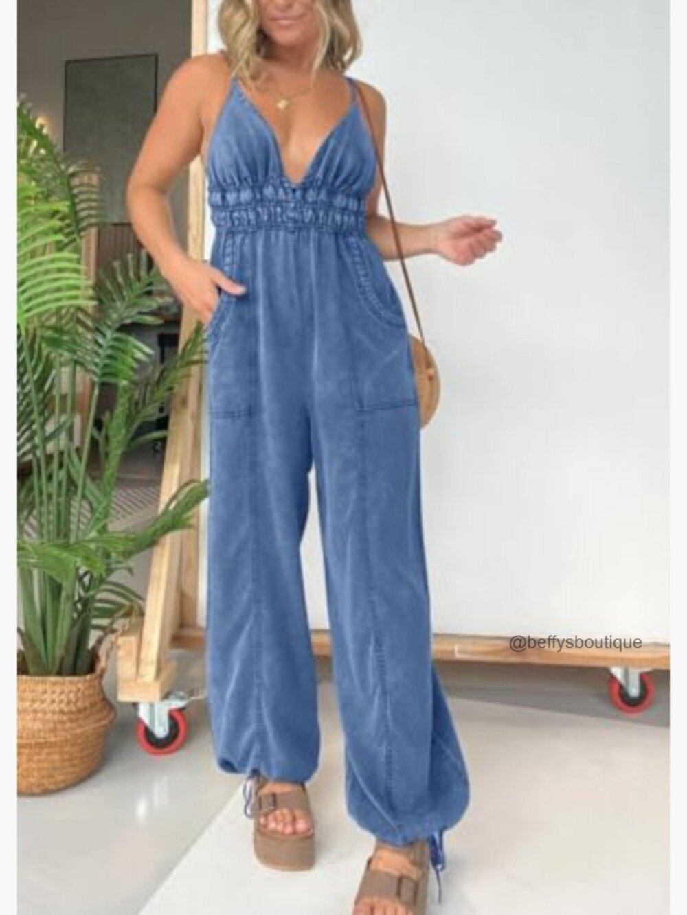 Smocked Elastic Waist Denim Jumpsuit Sleeveless Wide Leg Overall Romper - Picture 2 of 7